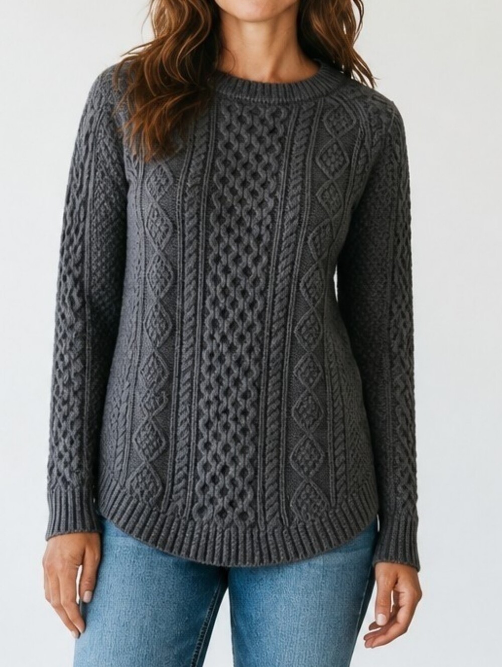 LL Bean Signature Navy Cable Knit 100% Cotton Tunic Crewneck Fishermen Sweater S